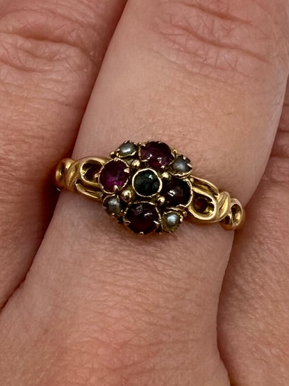1864 Victorian 15ct Gold Almandine Garnet Emerald Pearl Ring