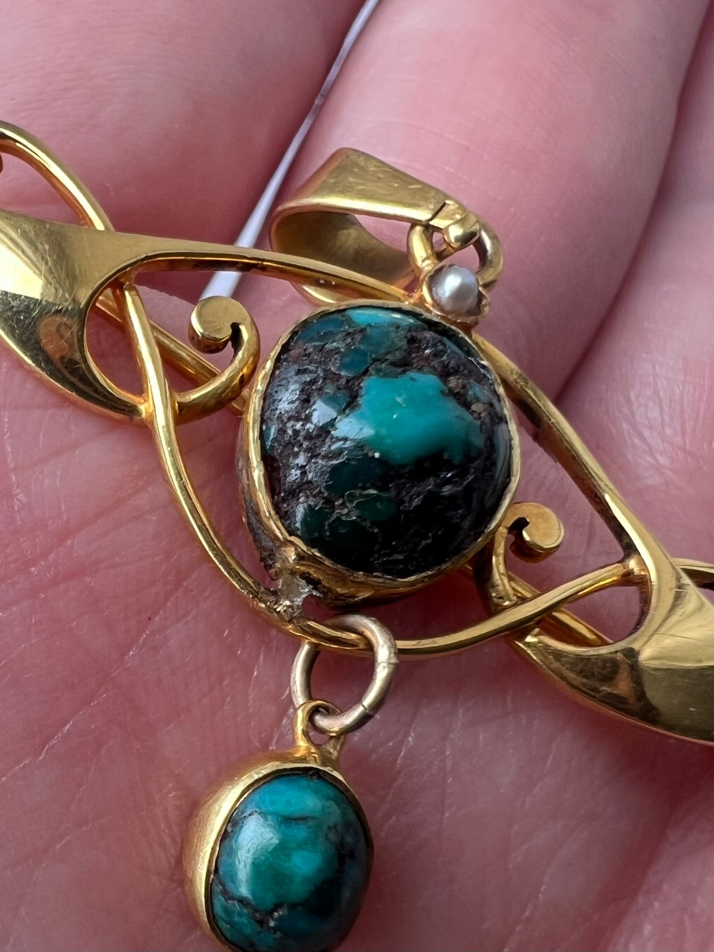 Murrle Bennett Gold Arts & Crafts Turquoise Brooch Pendant in 15ct Gold