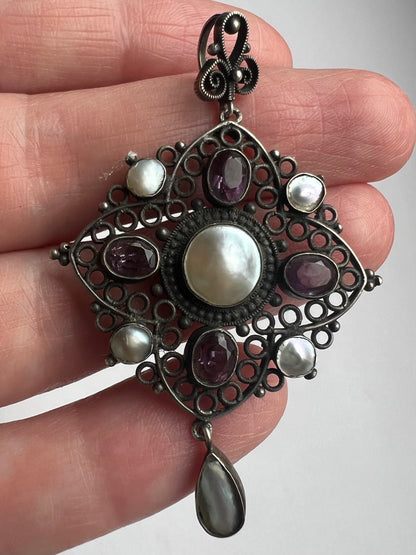 Arts & Crafts Blister Pearl Filigree Silver Amethyst Pendant