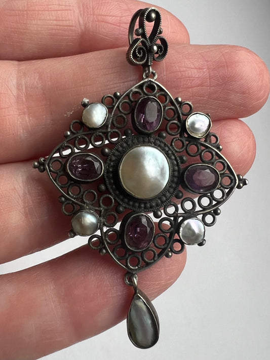 Arts & Crafts Blister Pearl Filigree Silver Amethyst Pendant