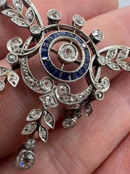 Antique Belle Époque diamond 18ct White Gold Sapphire Lavalier Necklace