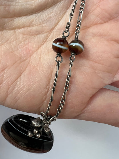 Arts & Crafts Banded Agate Silver Pendant Necklace