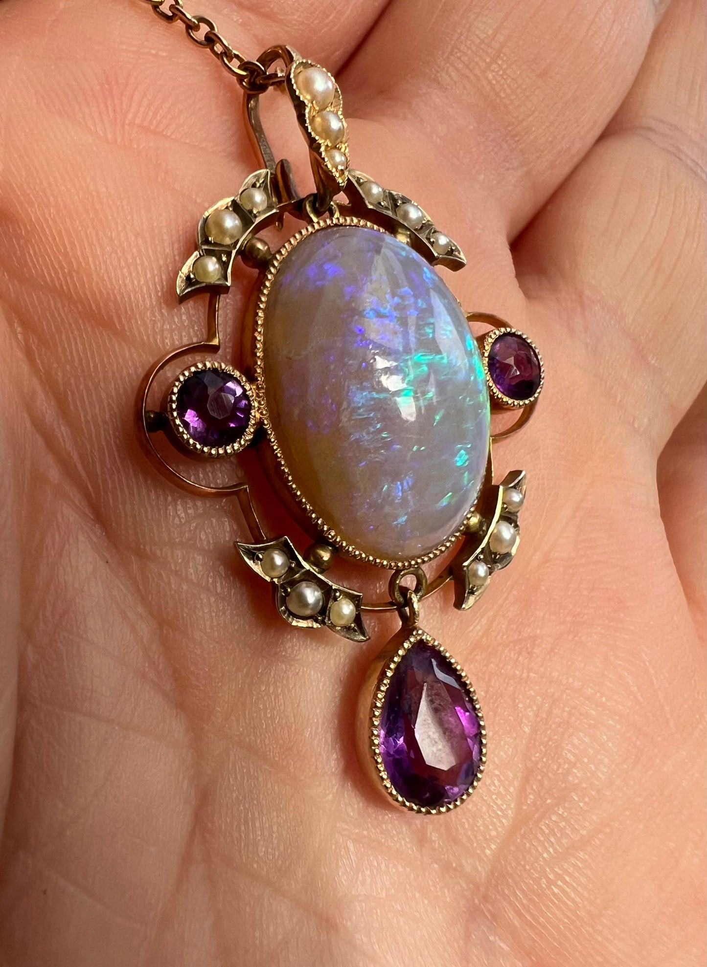 Striking Antique Large Opal Amethyst & Seed Pearl Pendant & Chain