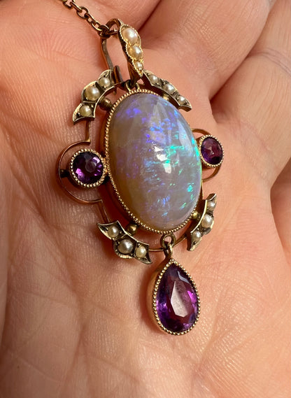 Striking Antique Large Opal Amethyst & Seed Pearl Pendant & Chain
