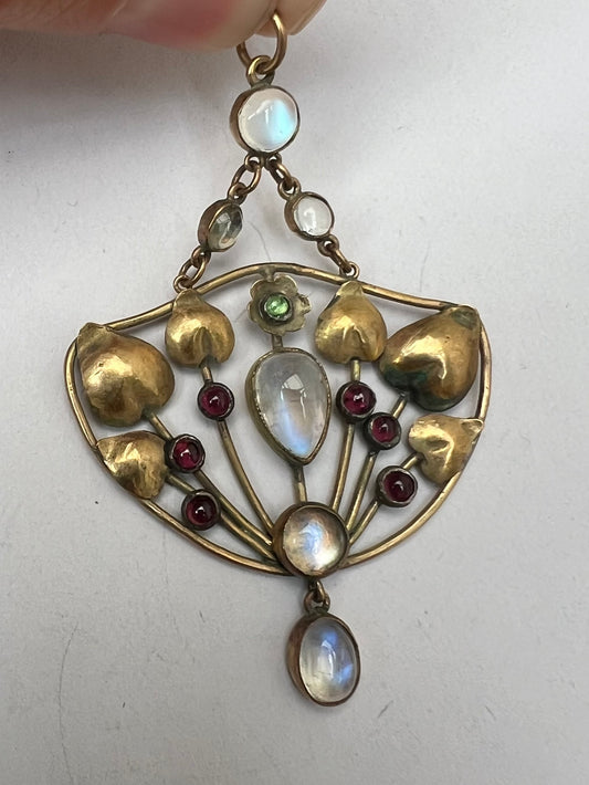 Arts & Crafts Gold Moonstone Garnet Peridot Pendant in the style of Murrle Bennett