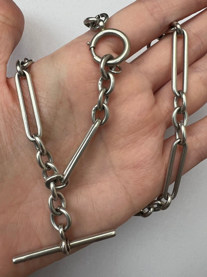 Silver Albert Fetter Chain With Paperclip Trombone Links and T Bar