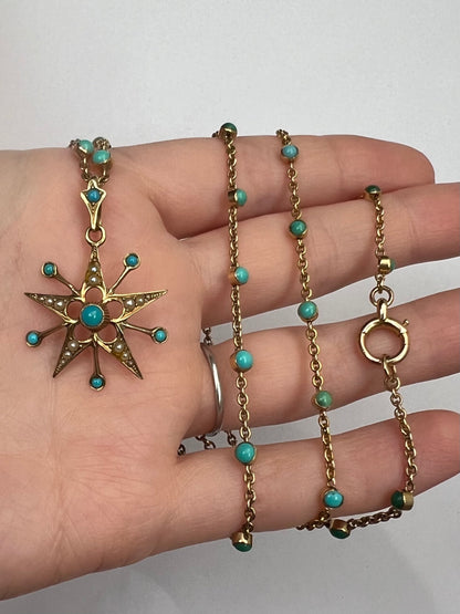 15ct Gold Fancy Turquoise Chain and Turquoise Pearl Star Pendant