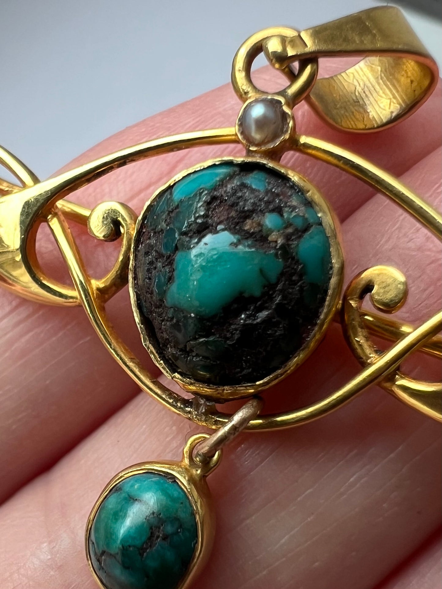 Murrle Bennett Gold Arts & Crafts Turquoise Brooch Pendant in 15ct Gold