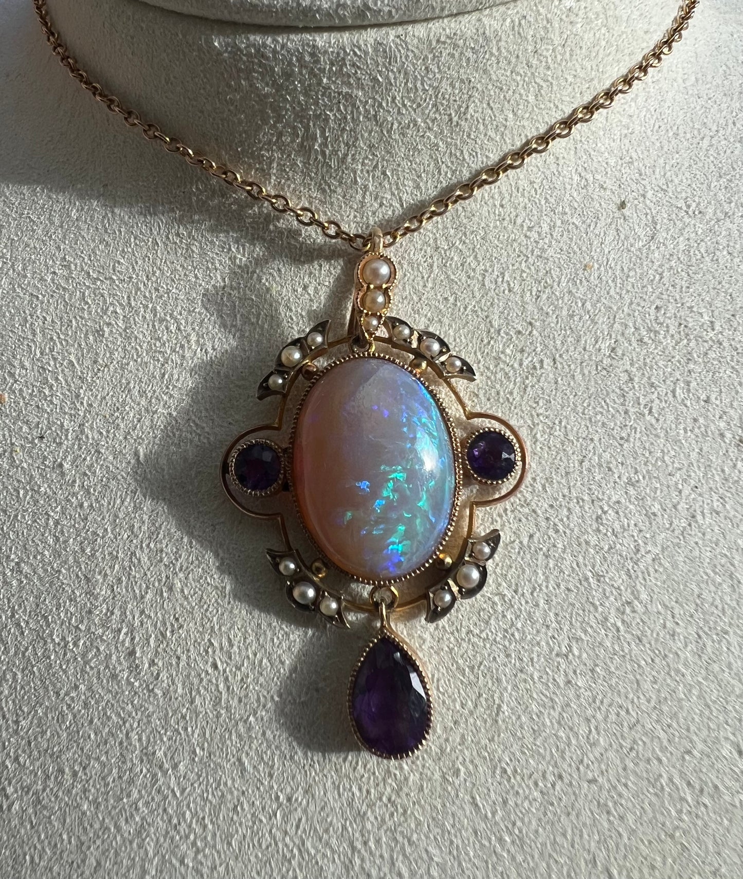 Striking Antique Large Opal Amethyst & Seed Pearl Pendant & Chain