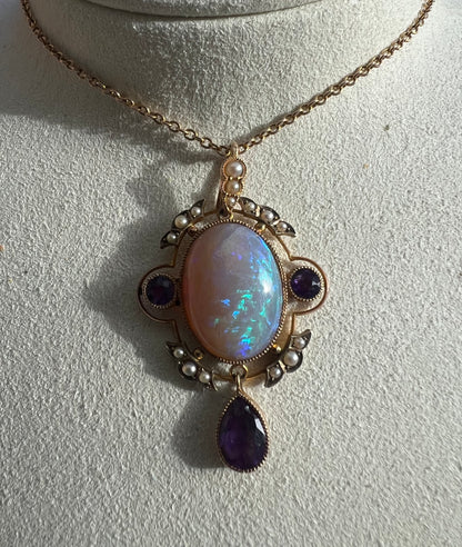 Striking Antique Large Opal Amethyst & Seed Pearl Pendant & Chain