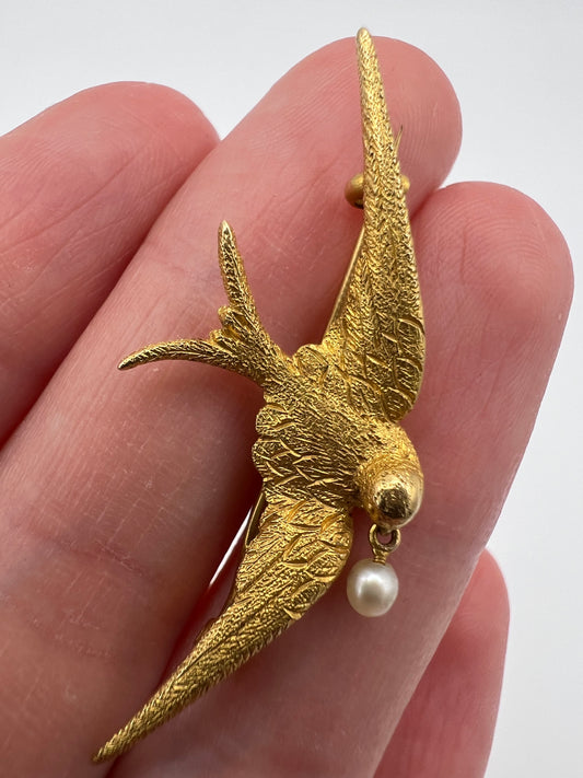 RESERVED 15ct Gold Swallow With Pearl Brooch