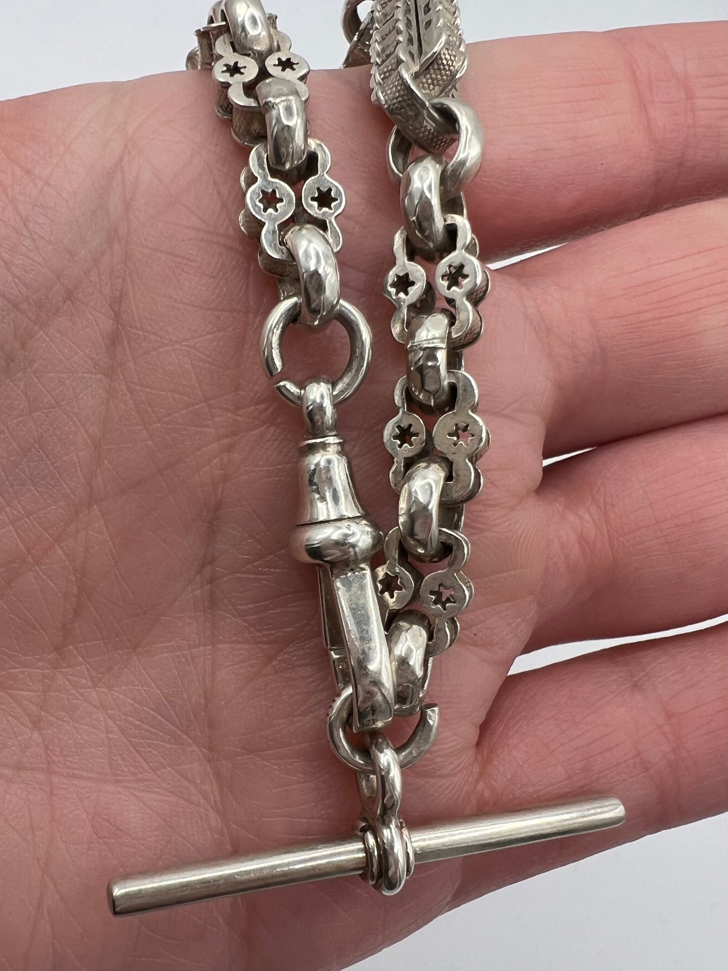 Victorian Stars & Bars Silver Albert Chain Bracelet T bar & Dog Clip