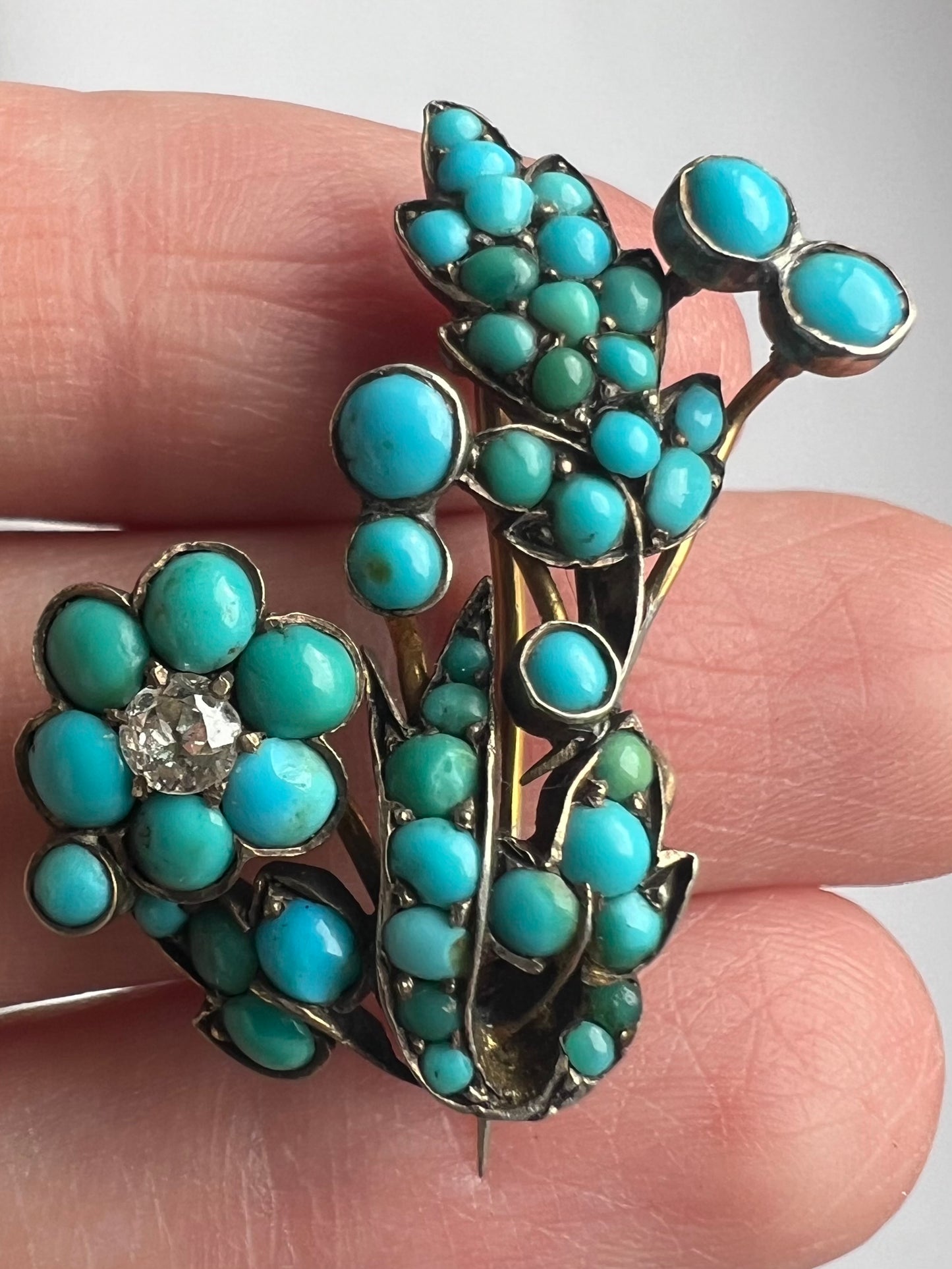 Forget Me Not Victorian Turquoise Diamond Flower Brooch