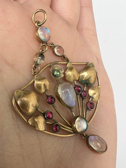 Arts & Crafts Gold Moonstone Garnet Peridot Pendant in the style of Murrle Bennett
