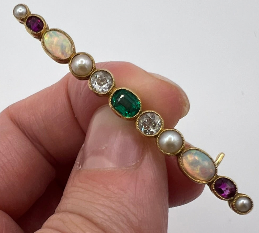 Beautiful Boxed Emerald Old Cut Diamond Opal Ruby Harlequin Specimen Brooch Pin
