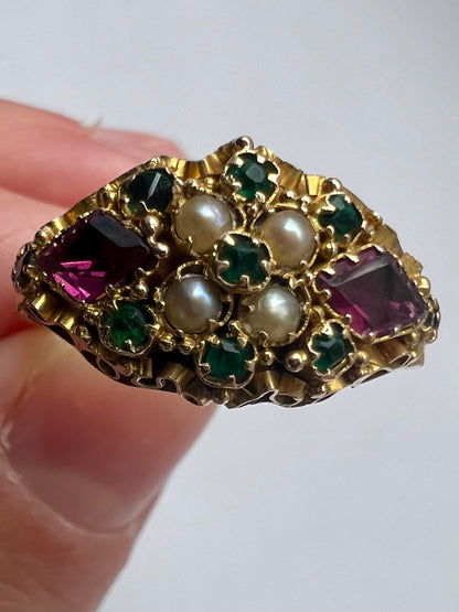 Antique 15ct Gold Pink Green Garnet Pearl Engraved Ring