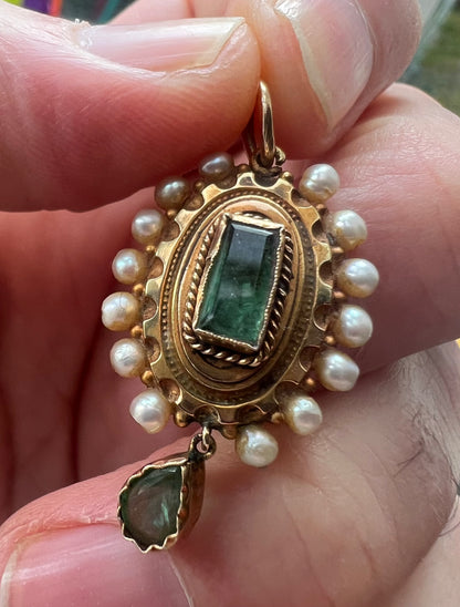 Spanish or Portuguese Emerald Pearl Gold Victorian Pendant