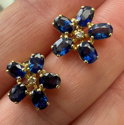 Sapphire 18ct Gold Diamond Flower Forget Me Not Earrings