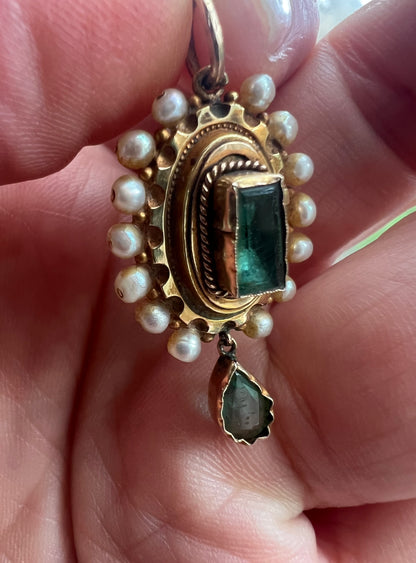 Spanish or Portuguese Emerald Pearl Gold Victorian Pendant