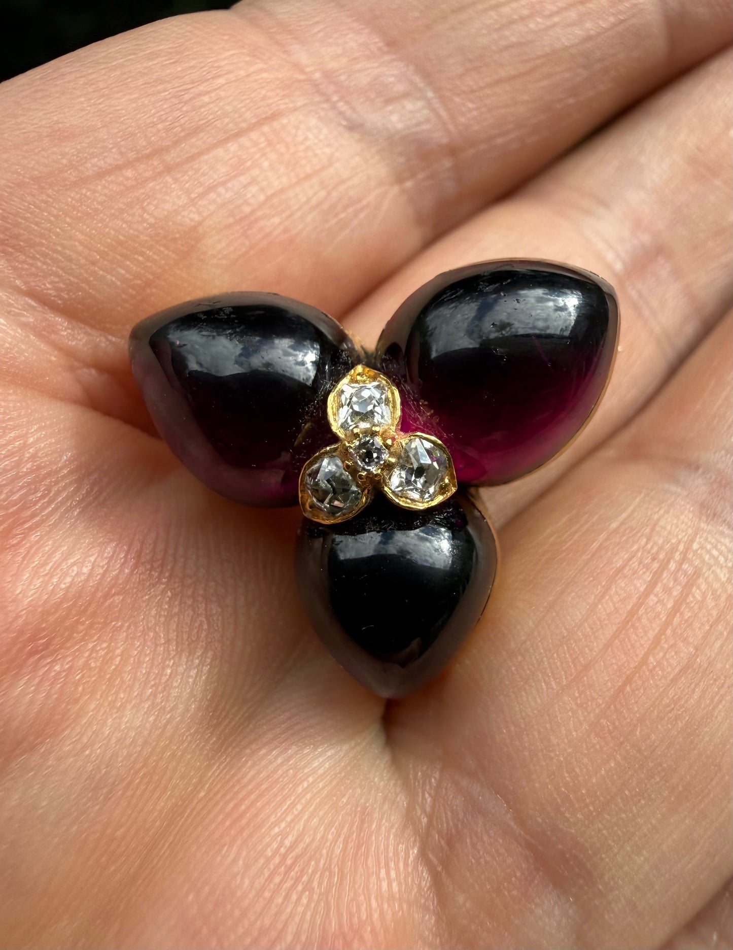Almandine Garnet Diamond Gold Trefoil Brooch