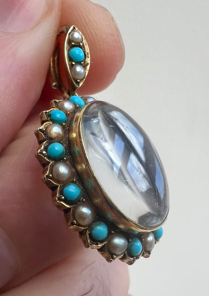 Rock Crystal Gold Pearl Turquoise Sentimental Victorian Locket