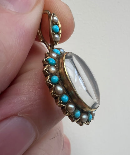Rock Crystal Gold Pearl Turquoise Sentimental Victorian Locket