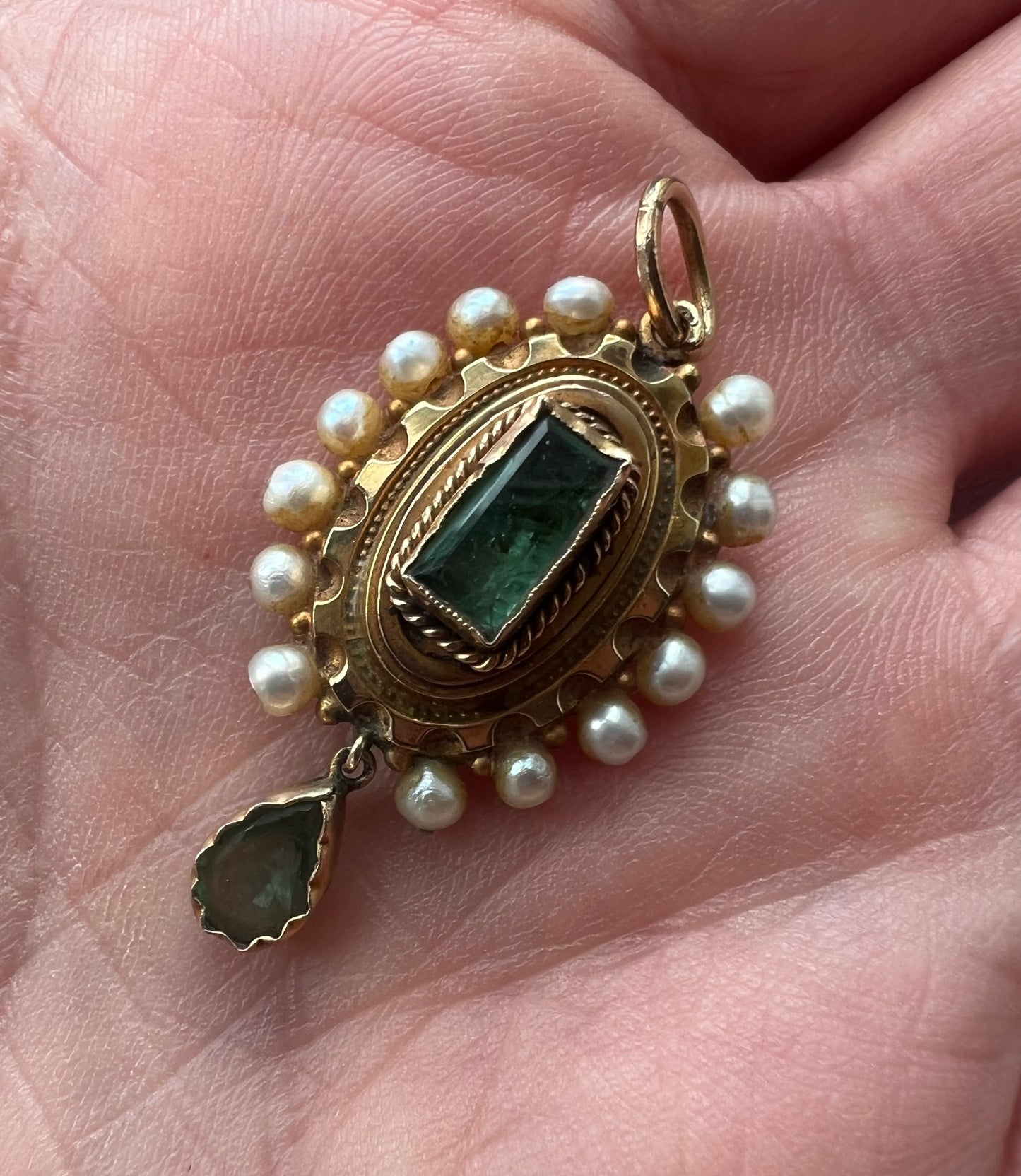 Spanish or Portuguese Emerald Pearl Gold Victorian Pendant