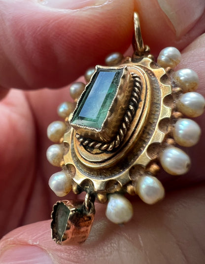 Spanish or Portuguese Emerald Pearl Gold Victorian Pendant