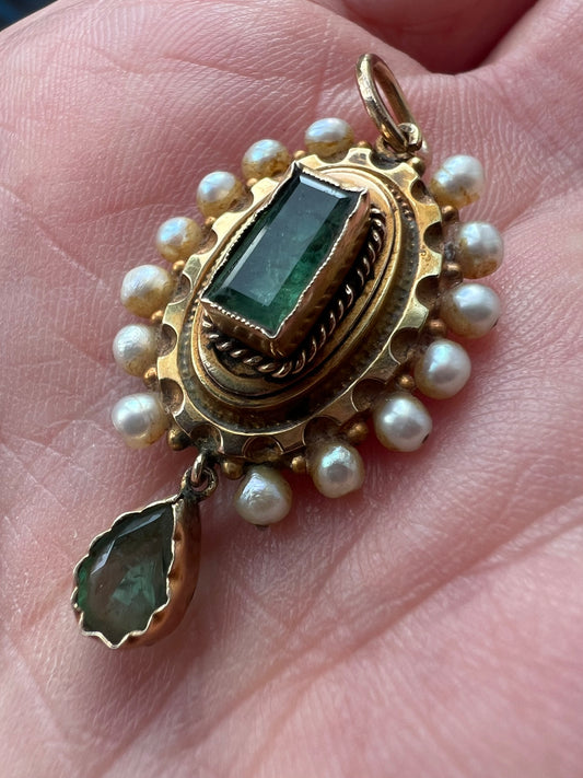 Spanish or Portuguese Emerald Pearl Gold Victorian Pendant