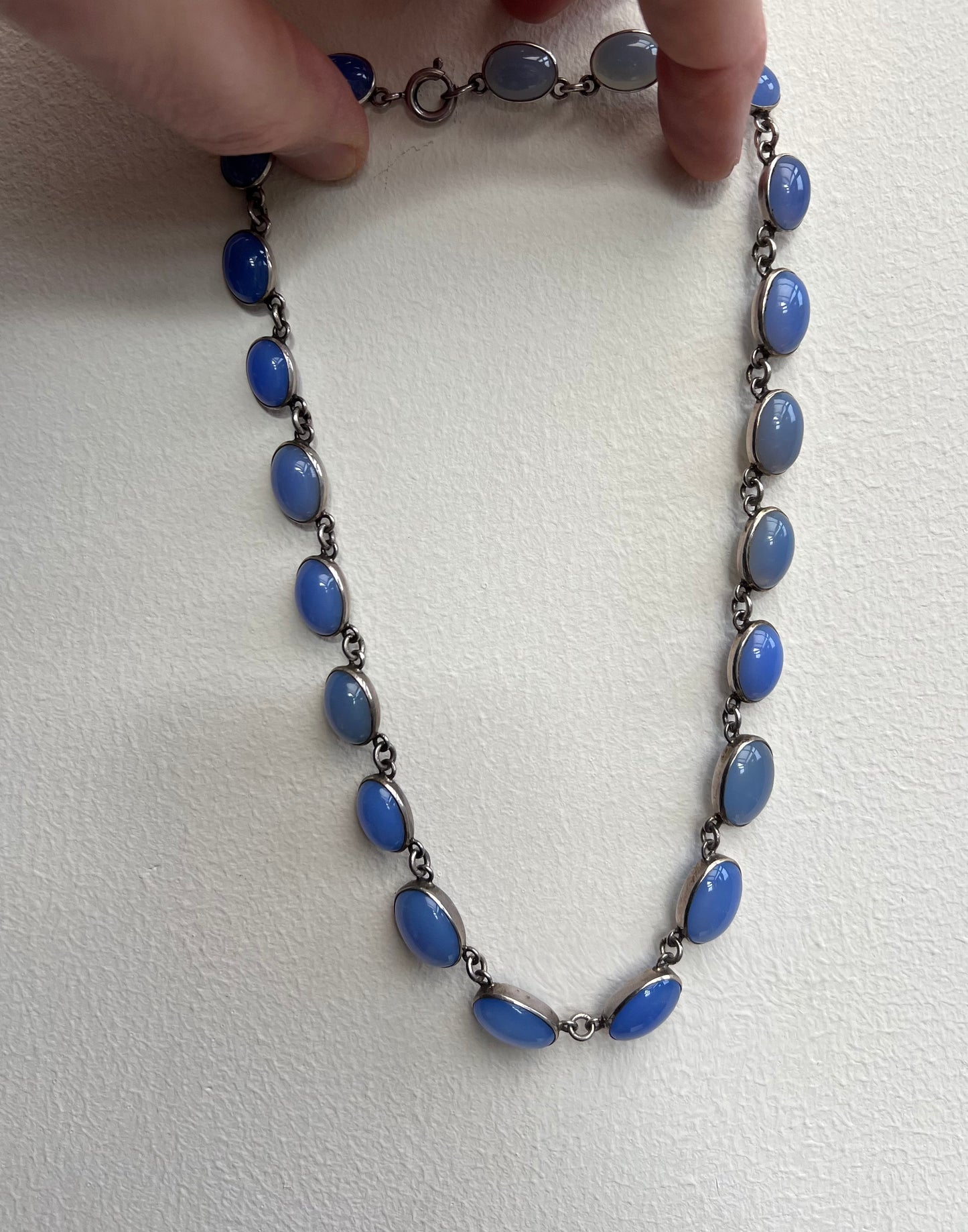 Antique Chalcedony Silver Rivière Necklace