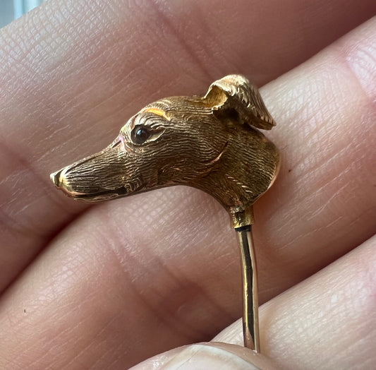 Wonderful Greyhound or Whippet Gold Stick Pin In Harrods Box
