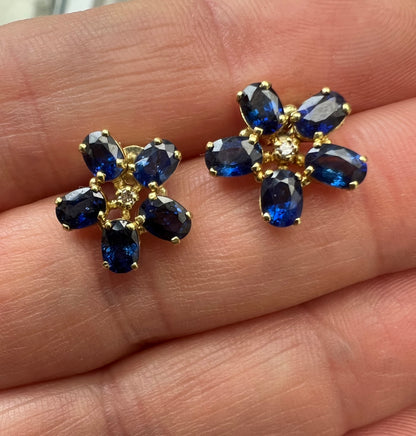 Sapphire 18ct Gold Diamond Flower Forget Me Not Earrings