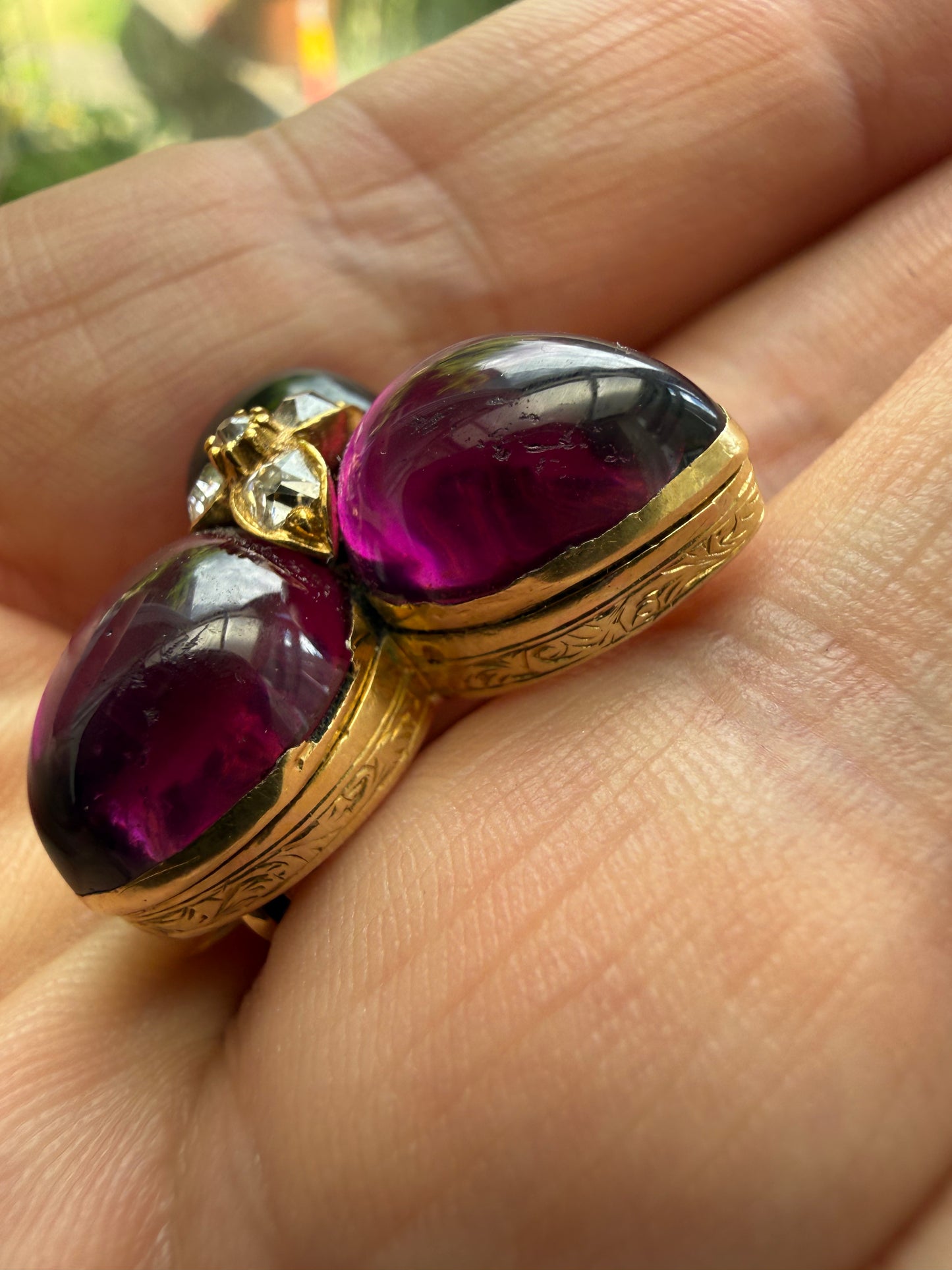 Almandine Garnet Diamond Gold Trefoil Brooch