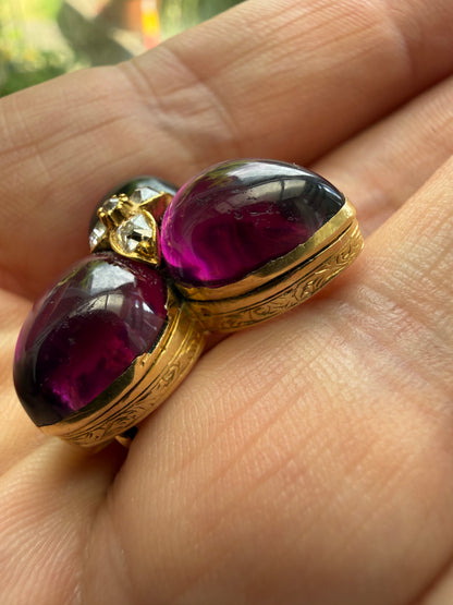 Almandine Garnet Diamond Gold Trefoil Brooch