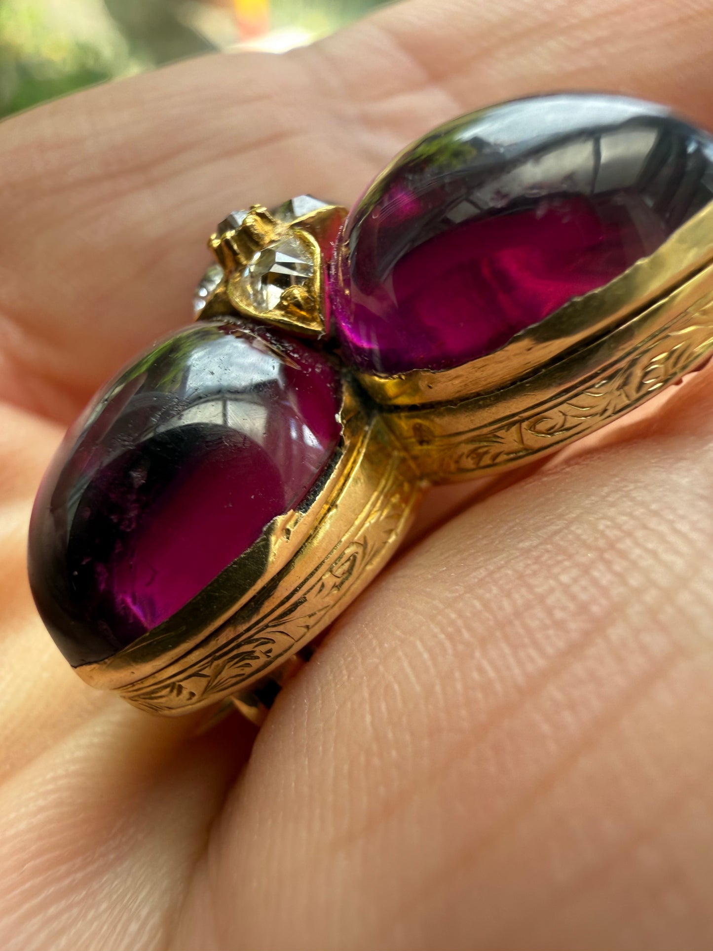 Almandine Garnet Diamond Gold Trefoil Brooch
