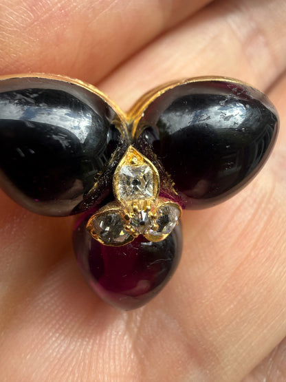 Almandine Garnet Diamond Gold Trefoil Brooch