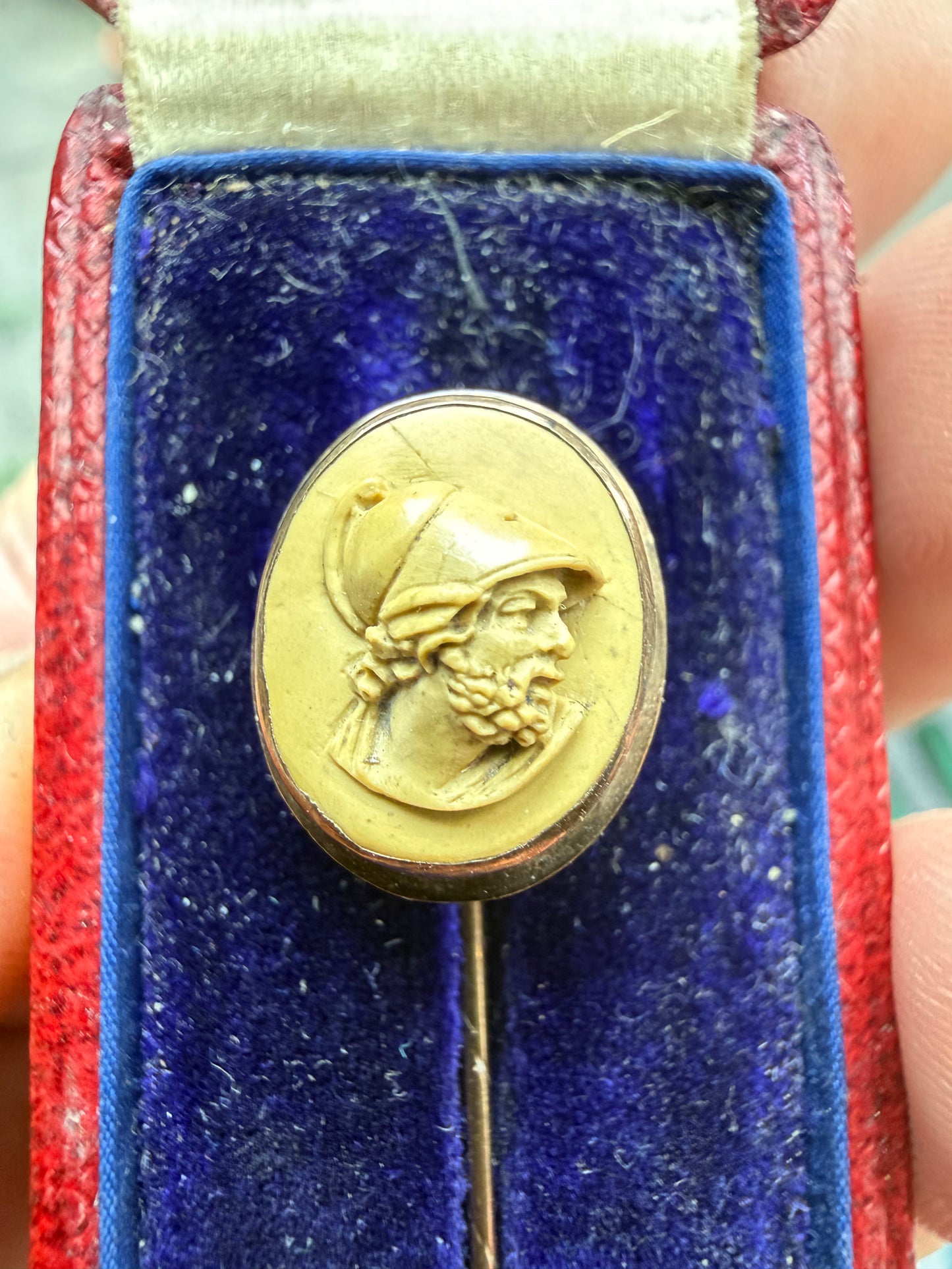 Dainty Sized High Relief Lava Cameo Gold Boxed Stick Pin