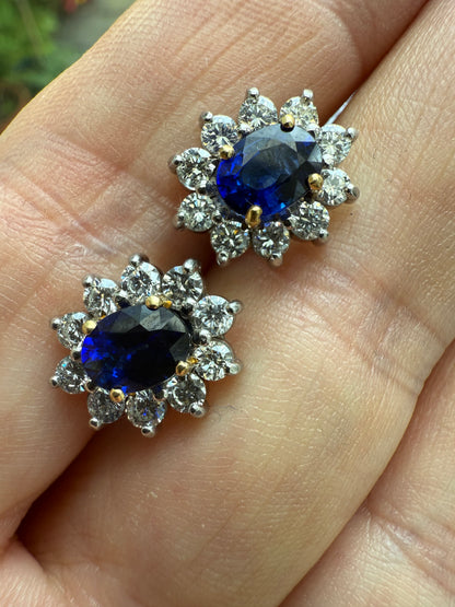 Superb 2 Carat Sapphire Diamond Halo Earrings 18ct White Gold