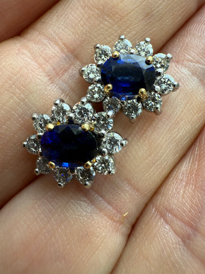 Superb 2 Carat Sapphire Diamond Halo Earrings 18ct White Gold