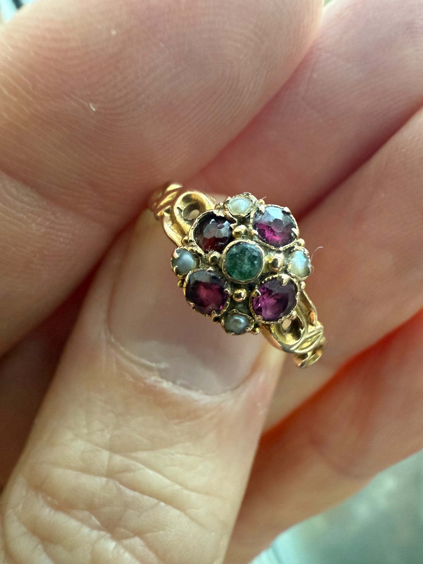 1864 Victorian 15ct Gold Almandine Garnet Emerald Pearl Ring