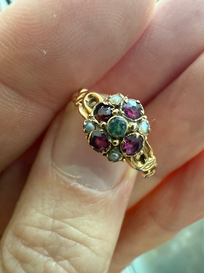 1864 Victorian 15ct Gold Almandine Garnet Emerald Pearl Ring
