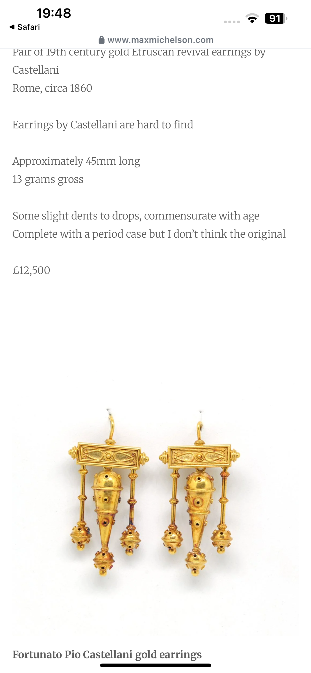Fortunato Pia Castellani Etruscan Revival Victorian Gold Drop Earrings