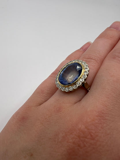 French Cornflower Blue Large 9+ Carat Sapphire Diamond Halo Ring in 18ct White Gold