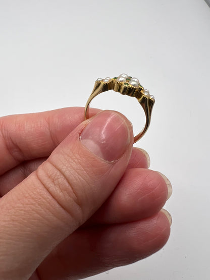 Rare Demantoid Green Garnet Pearl Antique Ring in 18ct Yellow Gold