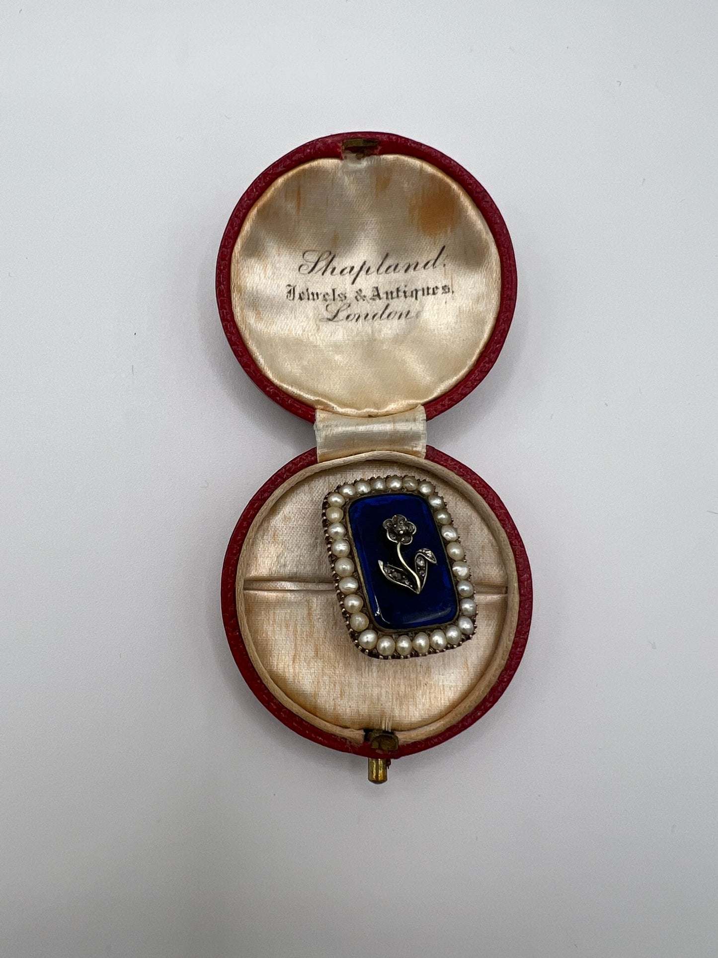 Gorgeous Georgian Sentimental Gold Pearl Diamond Blue Enamel Brooch Pin in Box