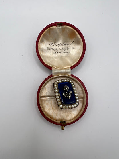 Gorgeous Georgian Sentimental Gold Pearl Diamond Blue Enamel Brooch Pin in Box