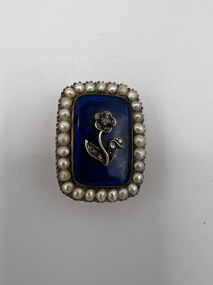 Gorgeous Georgian Sentimental Gold Pearl Diamond Blue Enamel Brooch Pin in Box