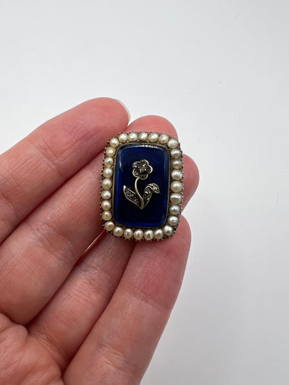 Gorgeous Georgian Sentimental Gold Pearl Diamond Blue Enamel Brooch Pin in Box