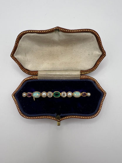 Beautiful Boxed Emerald Old Cut Diamond Opal Ruby Harlequin Specimen Brooch Pin