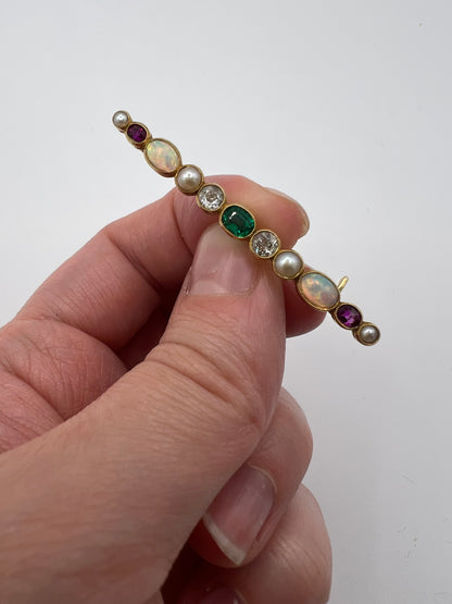 Beautiful Boxed Emerald Old Cut Diamond Opal Ruby Harlequin Specimen Brooch Pin
